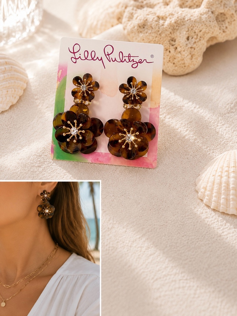 Lilly Pulitzer Floral Earrings brown tortoise flower gift rare post cute boho